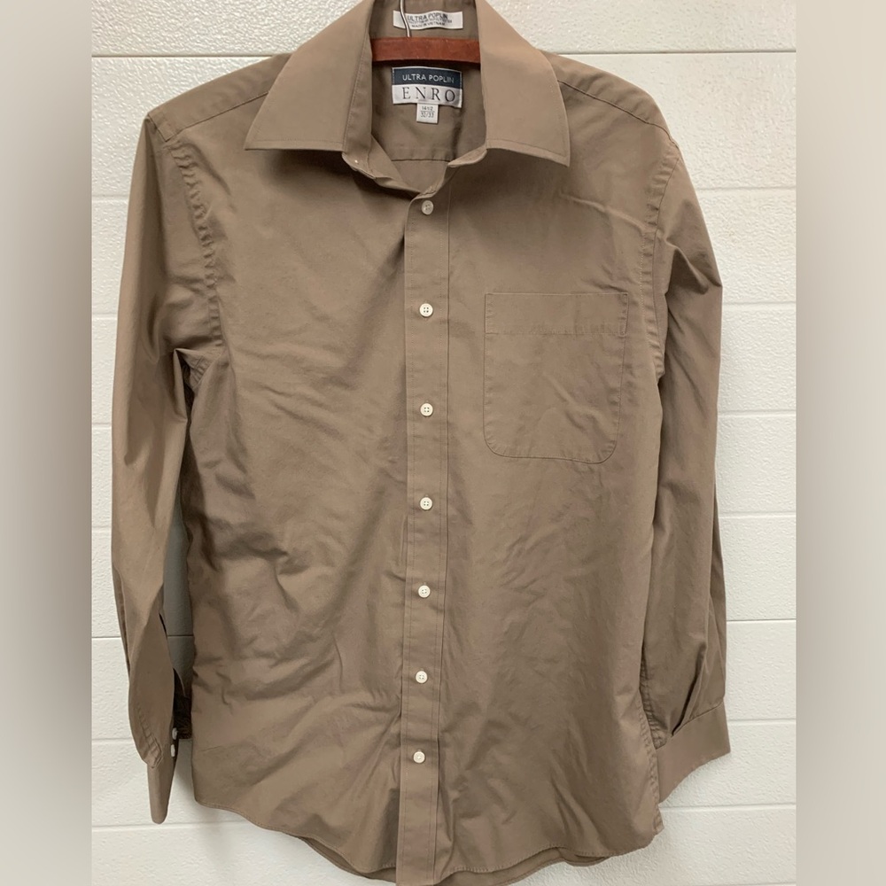 ENRO Men's Fitted Wrinkle Free Brown Tan Ultra Poplin Dress Shirt 14.5" 32/33 L